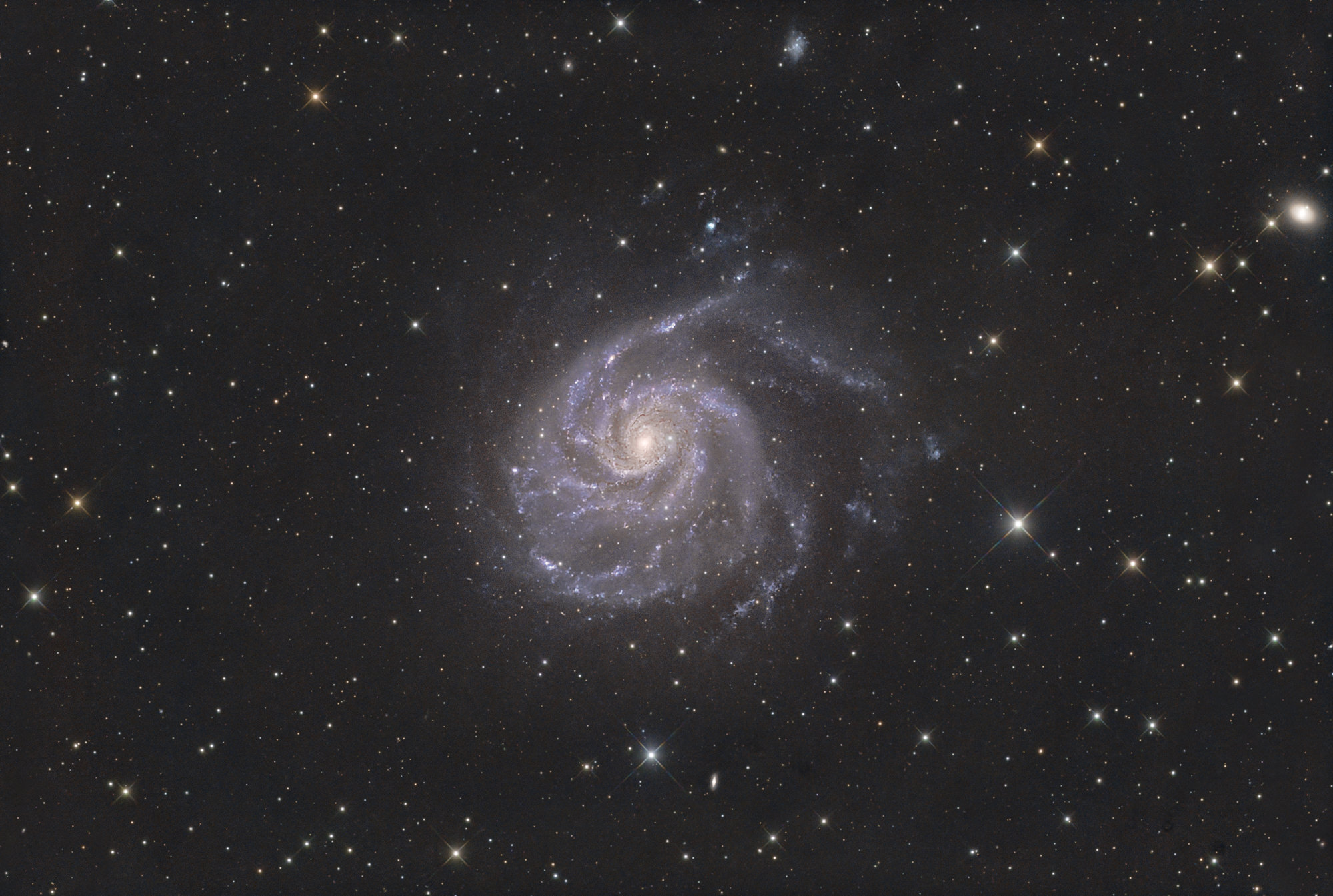 Feuerradgalaxie, Messier 101 im Sternbild Großer Bär. Ihre Entfernung beträgt rund 16 Millionen Lichtjahre, ihr Durchmesser 170.000 Lichtjahre.